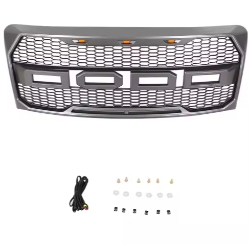 Black Front Hood Mesh Grille+Shell+Amber LED Fit For Ford F150 2009-2014