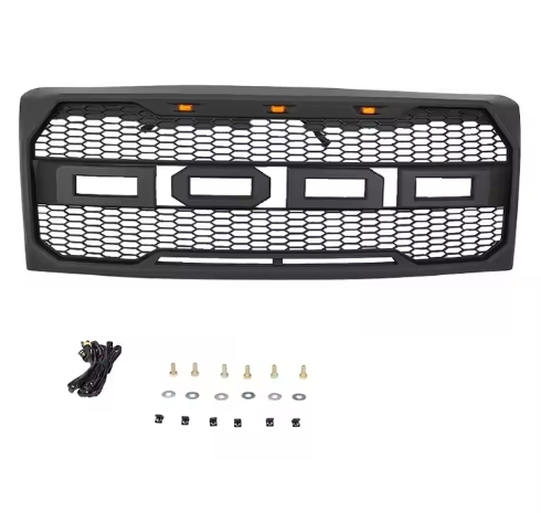 Black Front Hood Mesh Grille+Shell+Amber LED Fit For Ford F150 2009-2014